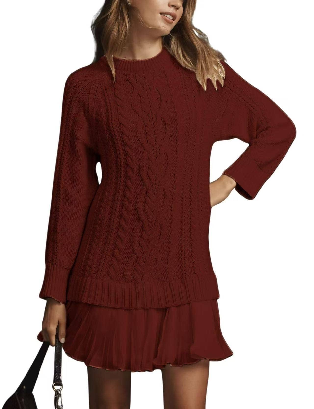 Fashion Patchwork Mesh Cable Knit Sweater Dress