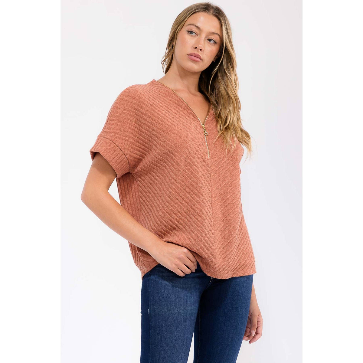 MIRU RIB O-RING PULLY ZIPPER SWEATER DOLMAN