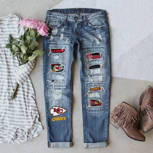 Game Day Distressed Denim Jeans with Printed Patches