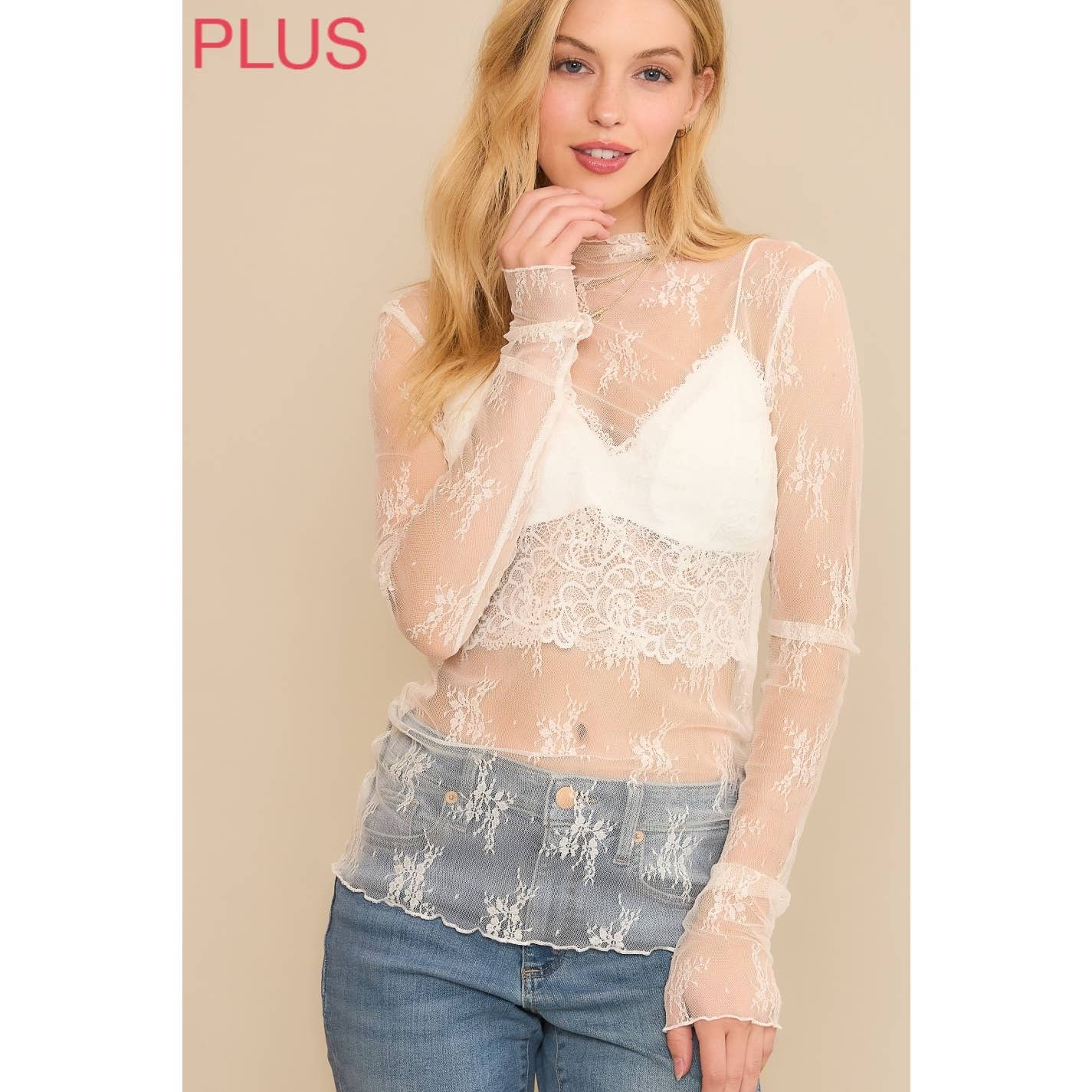 PLUS MESH LACE HIGH NECK DESIGN LONG SLEEVE FITTED TOP