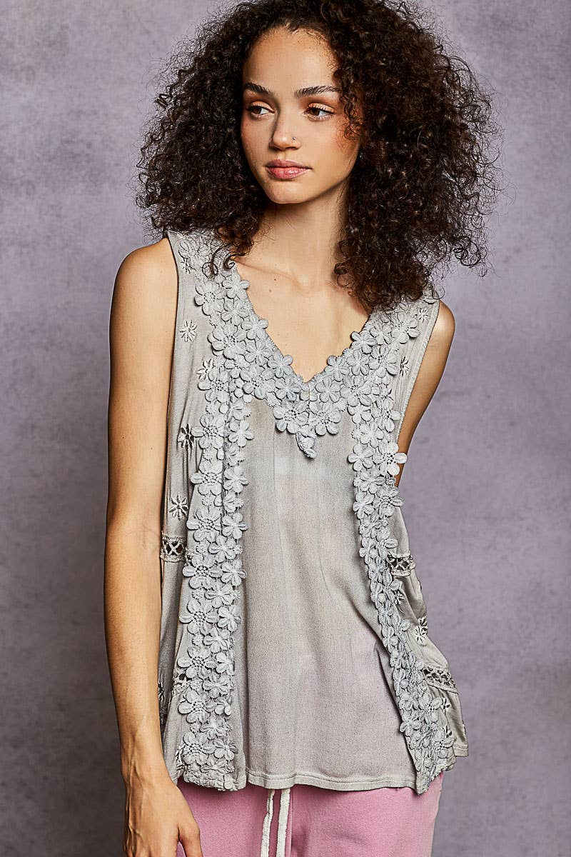 Sleeveless contrast floral lace crochet detail v-neck top