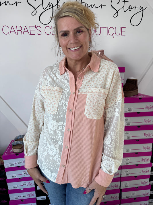 Peach & White Patch Pocket Button-Down
