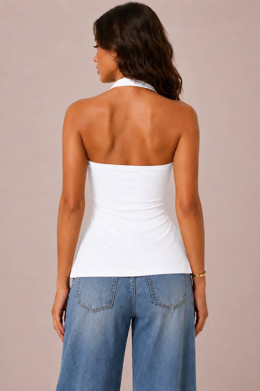 JK57113 - HALTER NECK STARFISH BUCKLE TRIM TANK TOP