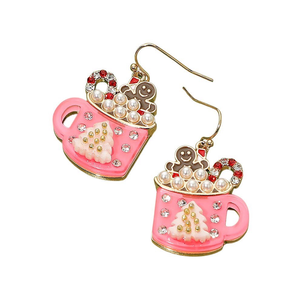 Gingerbread Man Pearl Christmas Mug Dangle Earrings