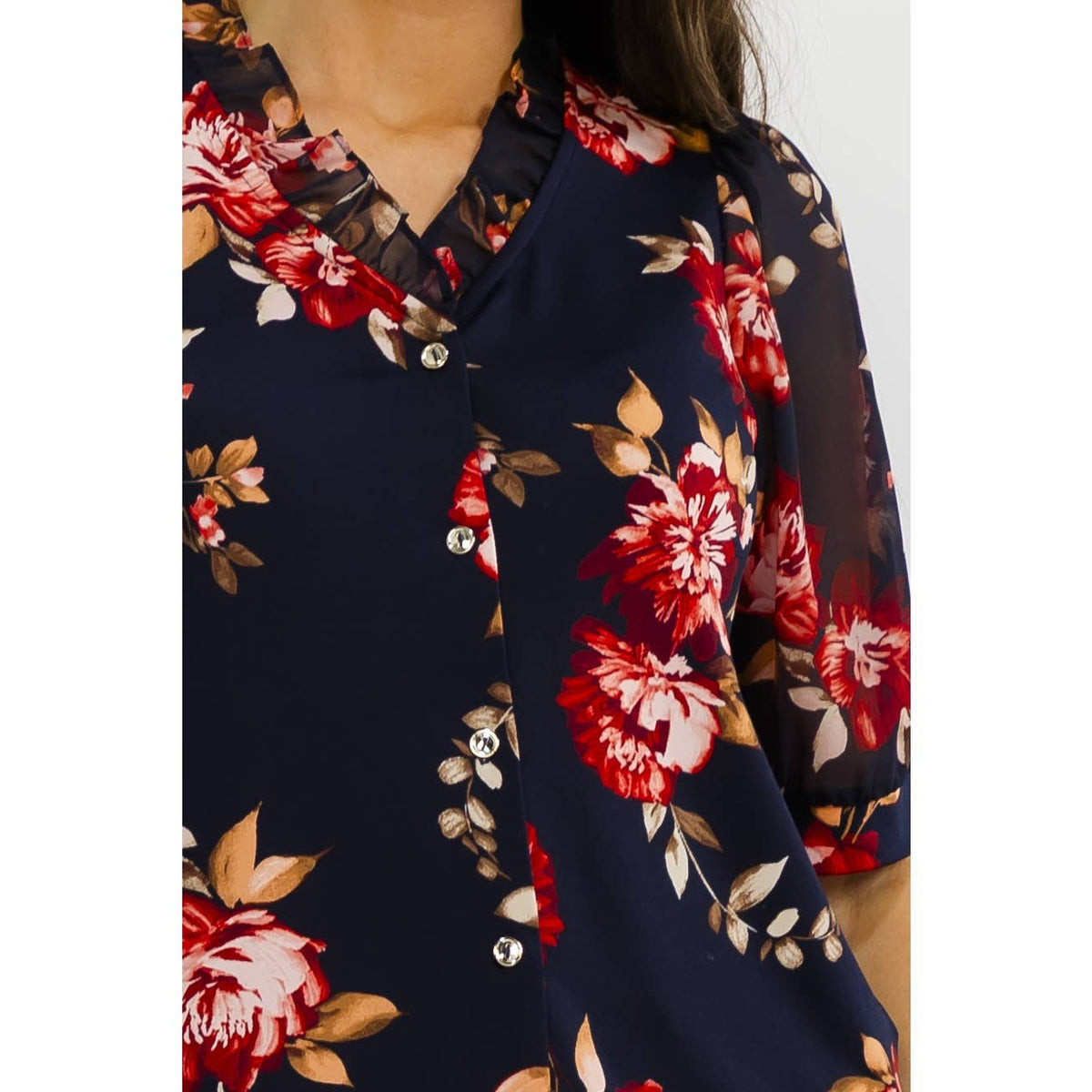 FLORAL MIX MEDIA RUFFLE SHIRT