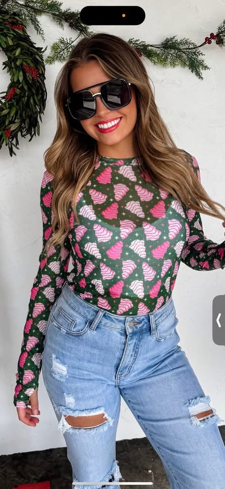 Blakeley Christmas Tree Cake Sheer Top