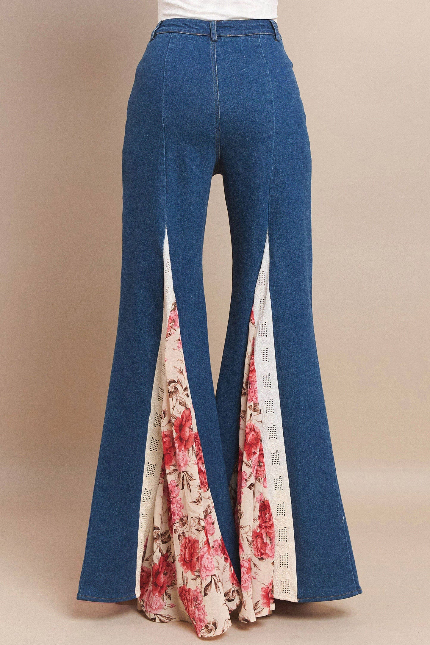 Wisteria Lane FLORAL PRINT LACE DETAIL WIDE LEG DENIM JEANS