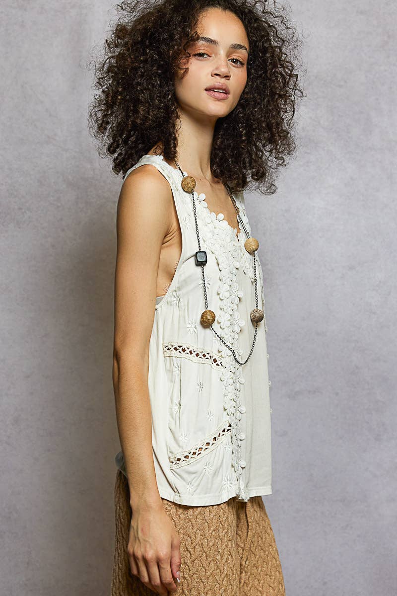 Sleeveless contrast floral lace crochet detail v-neck top