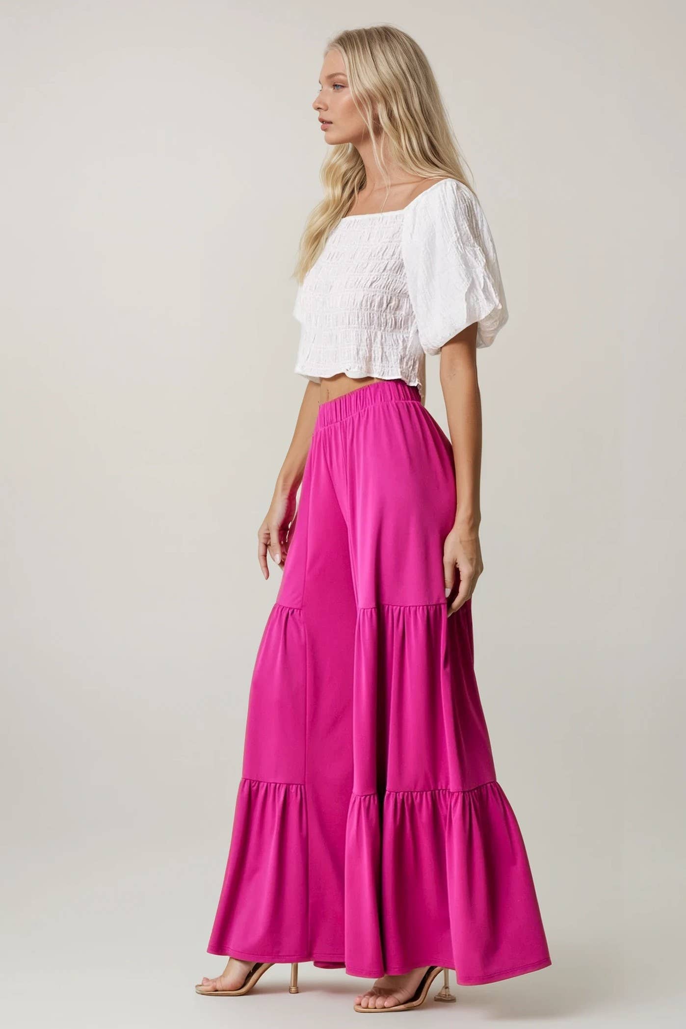Wisteria Lane HOT PINK TIERED STRETCHTY YOGA PALAZZO PANTS