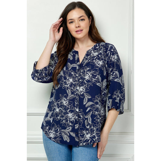 PLUS SIZE ROLL-TAB MANDARIN COLLAR BLOUSE