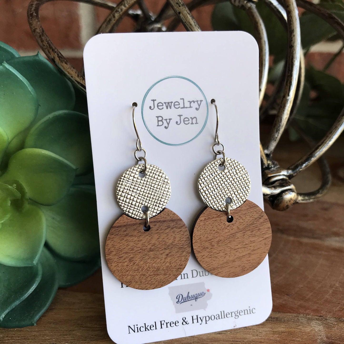 Round Wood & Silver Earrings