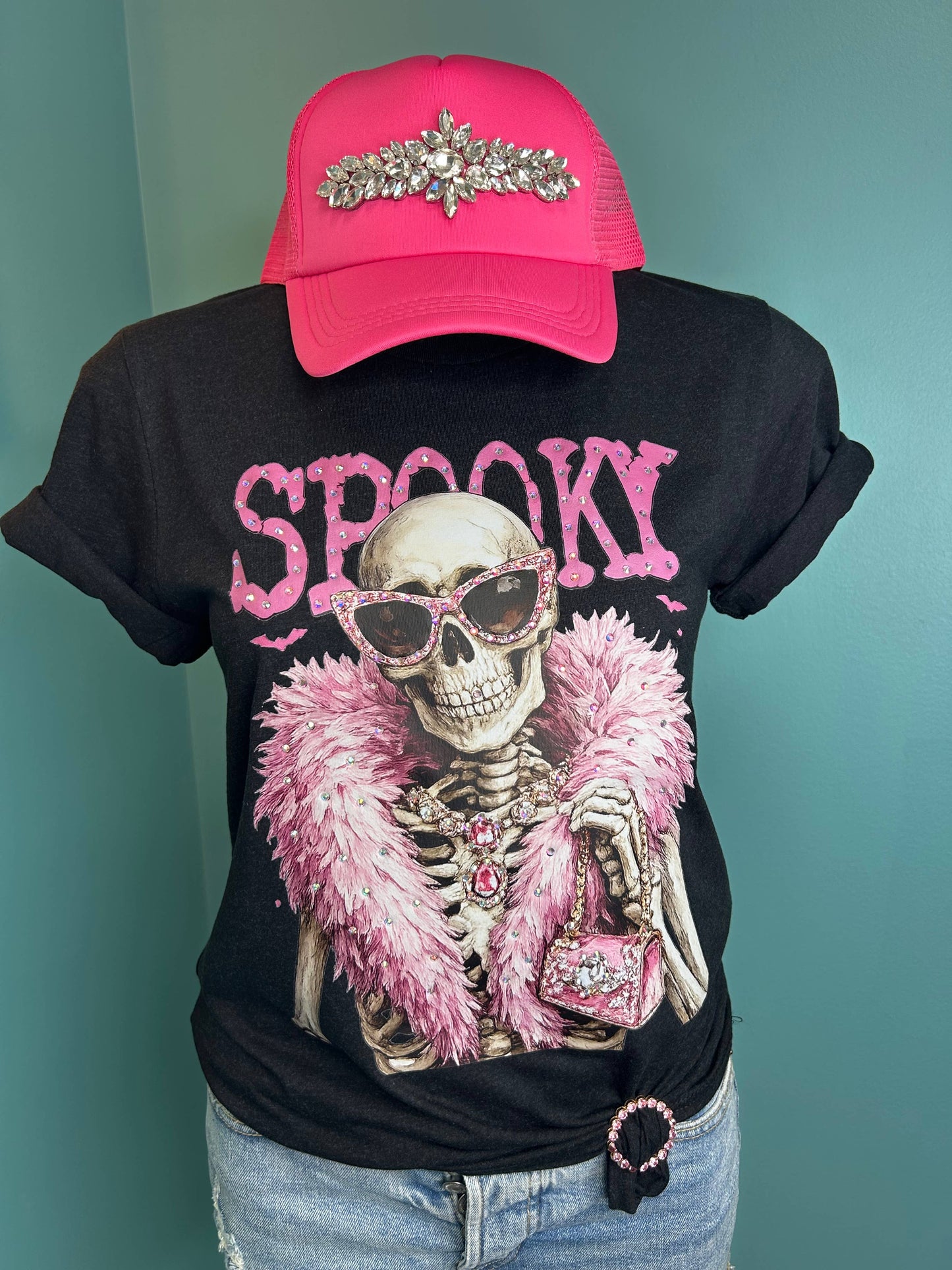 Spooky Skeleton Blingy Rhinestone Graphic Tee