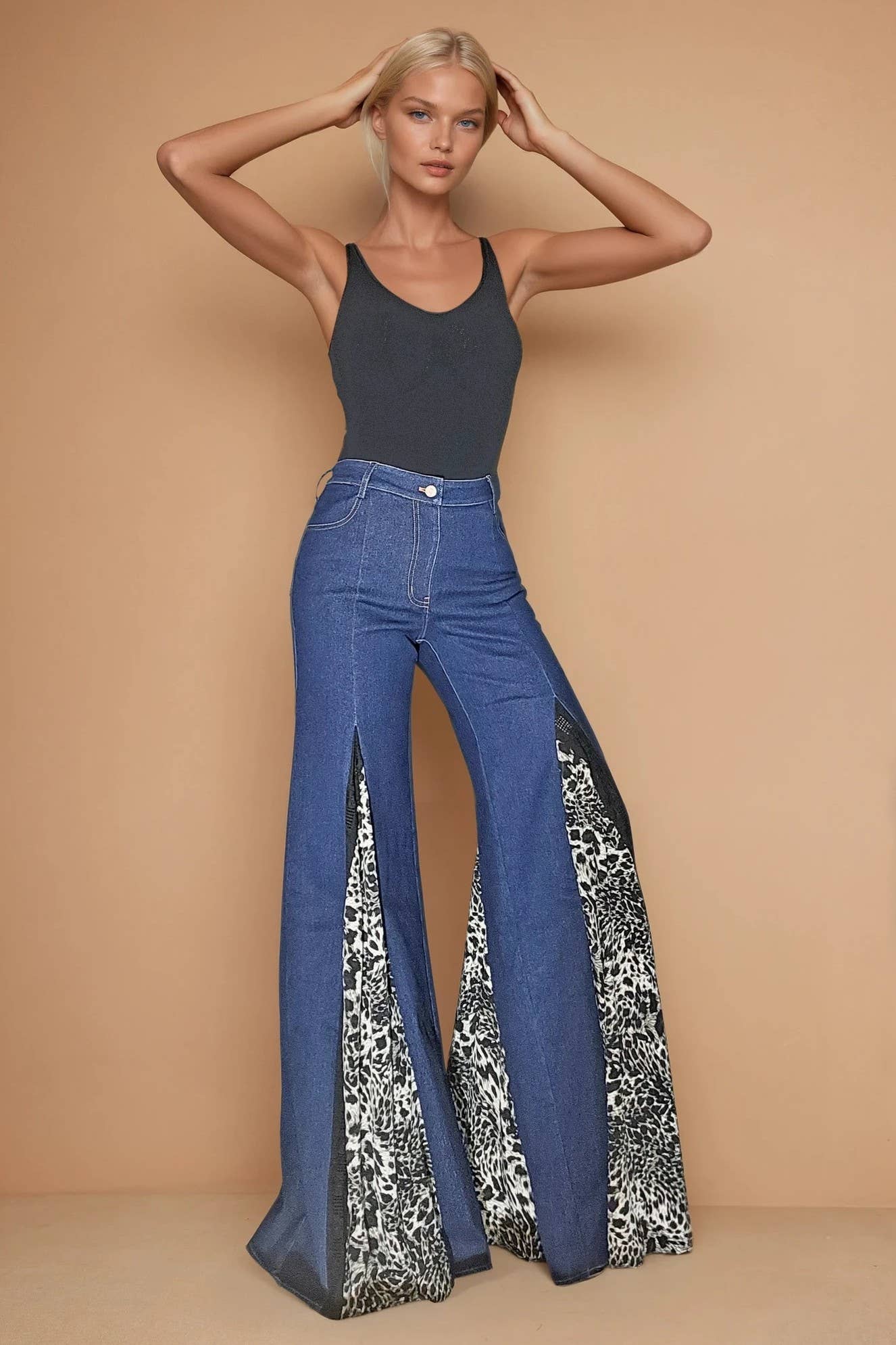 Wisteria Lane LEOPARD AND LACE WIDE LEG BOHO DENIM JEANS