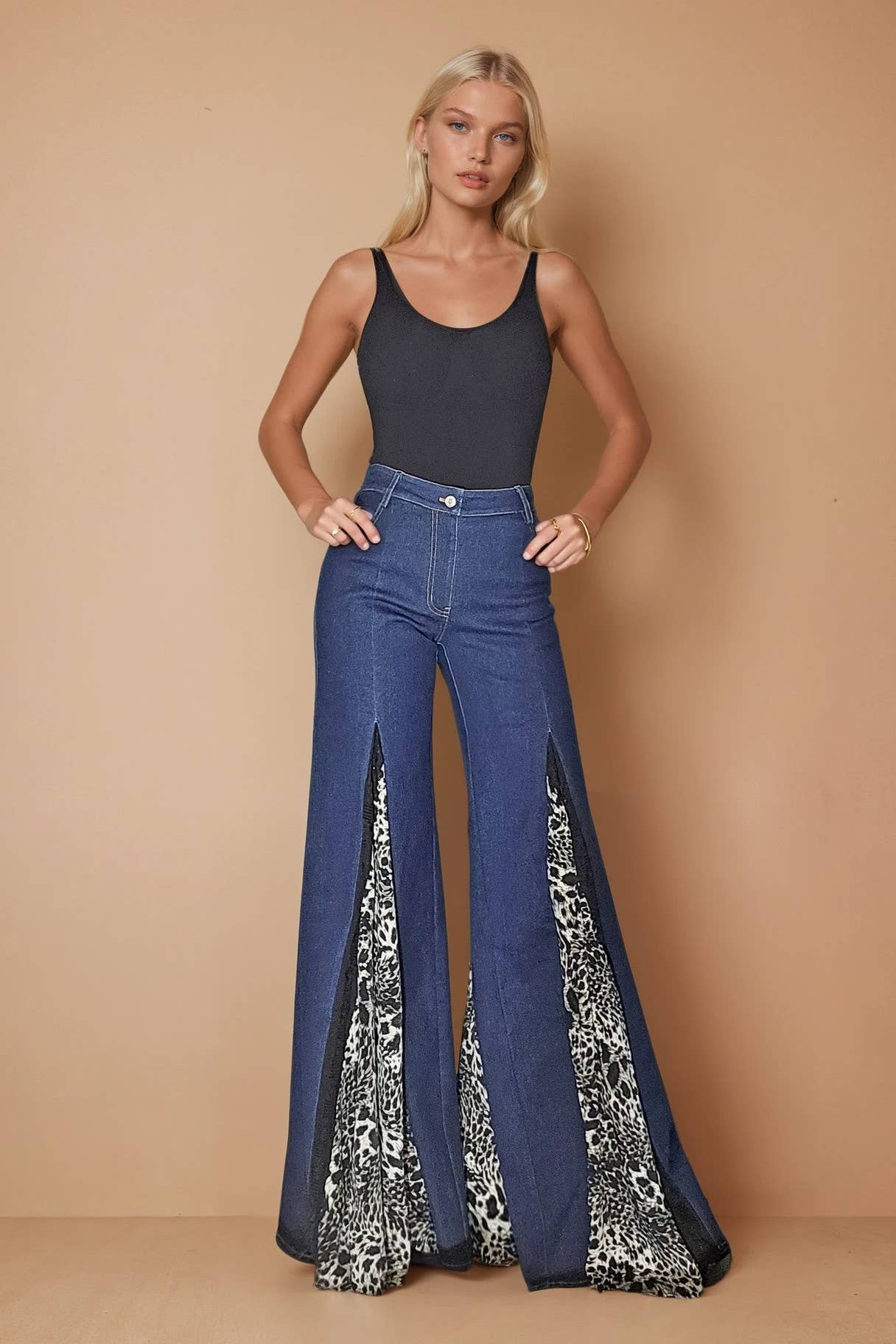 Wisteria Lane LEOPARD AND LACE WIDE LEG BOHO DENIM JEANS