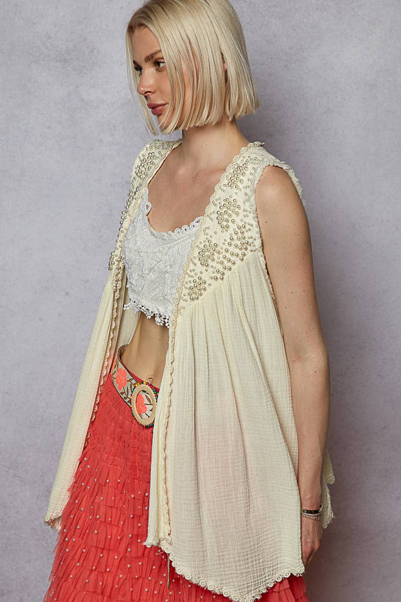 Open front embroidered pearls sleeveless cardigan top SALE