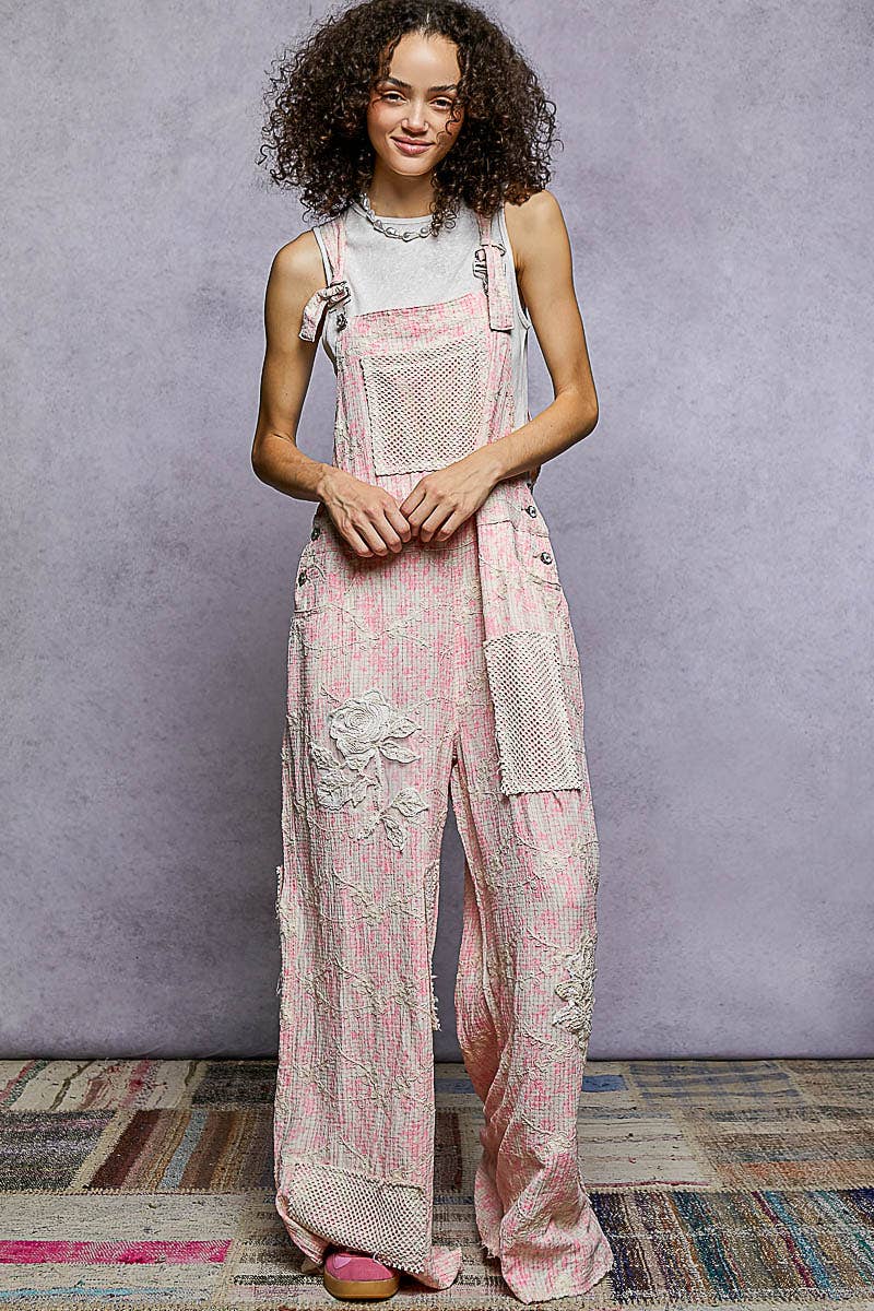 POL Floral Embroidery Accents Mesh Patches Strap Woven Overalls