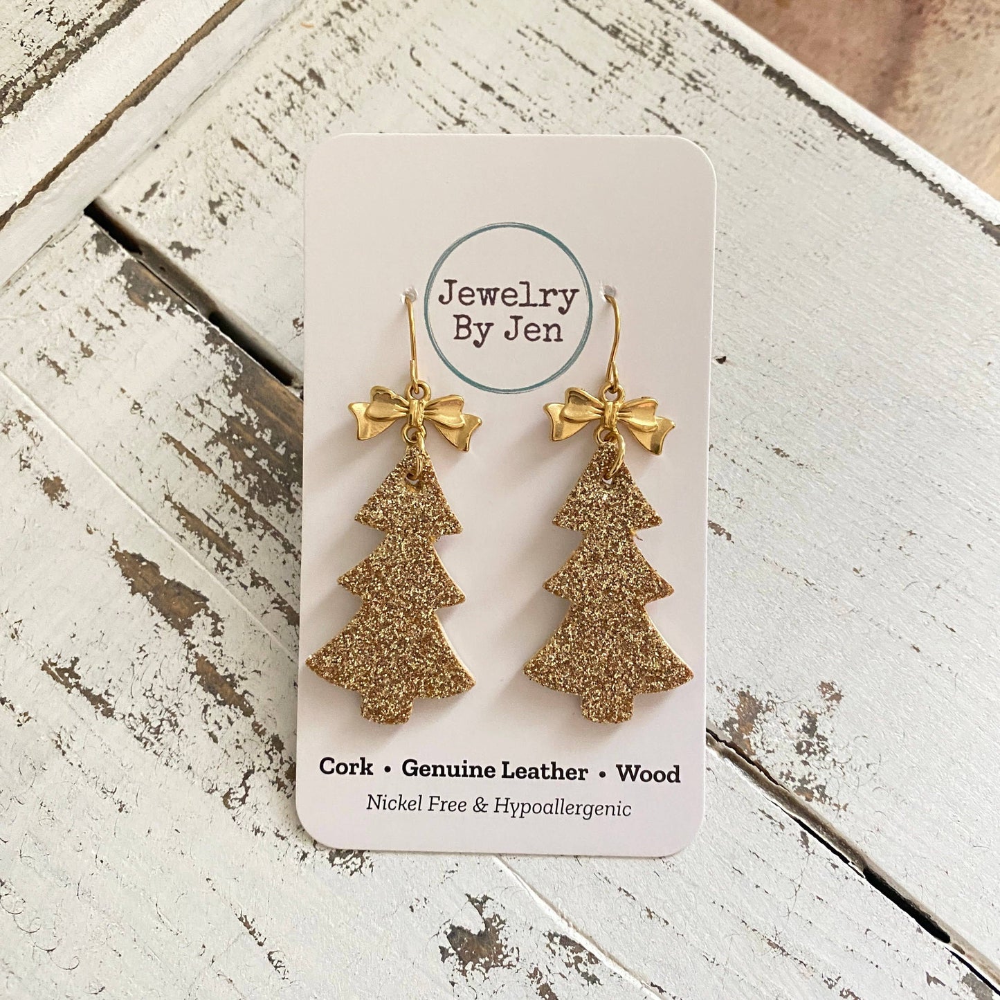 Christmas Tree Earrings: Gold Fine Glitter w/Bow Charm
