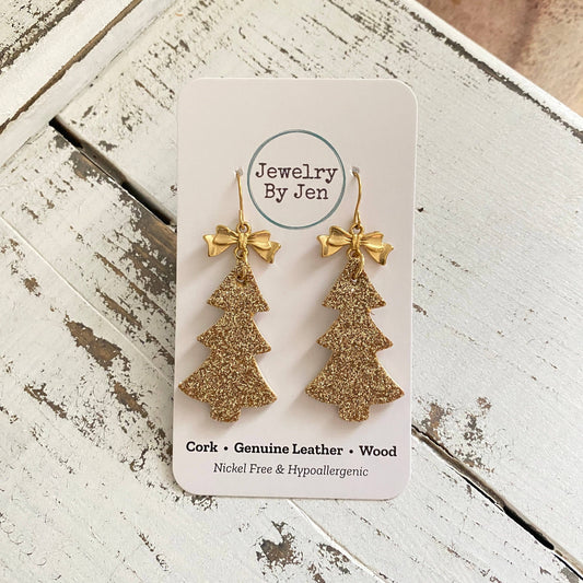 Christmas Tree Earrings: Gold Fine Glitter w/Bow Charm