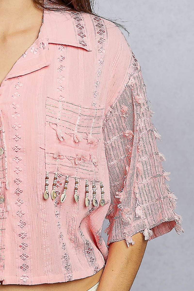 POL Boho Woven Shell Beads Top