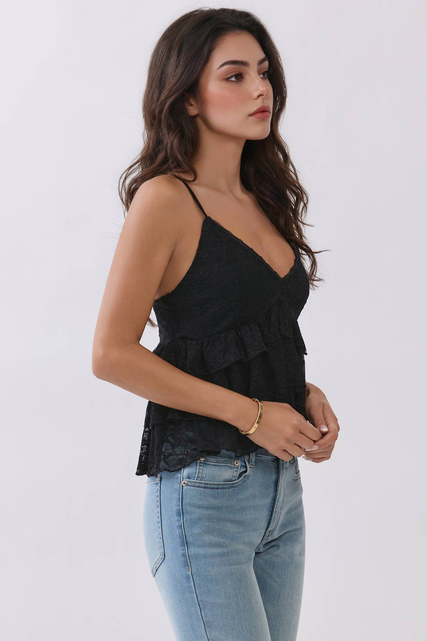 PLUNGING TIERED LACE BABYDOLL CAMI TOP
