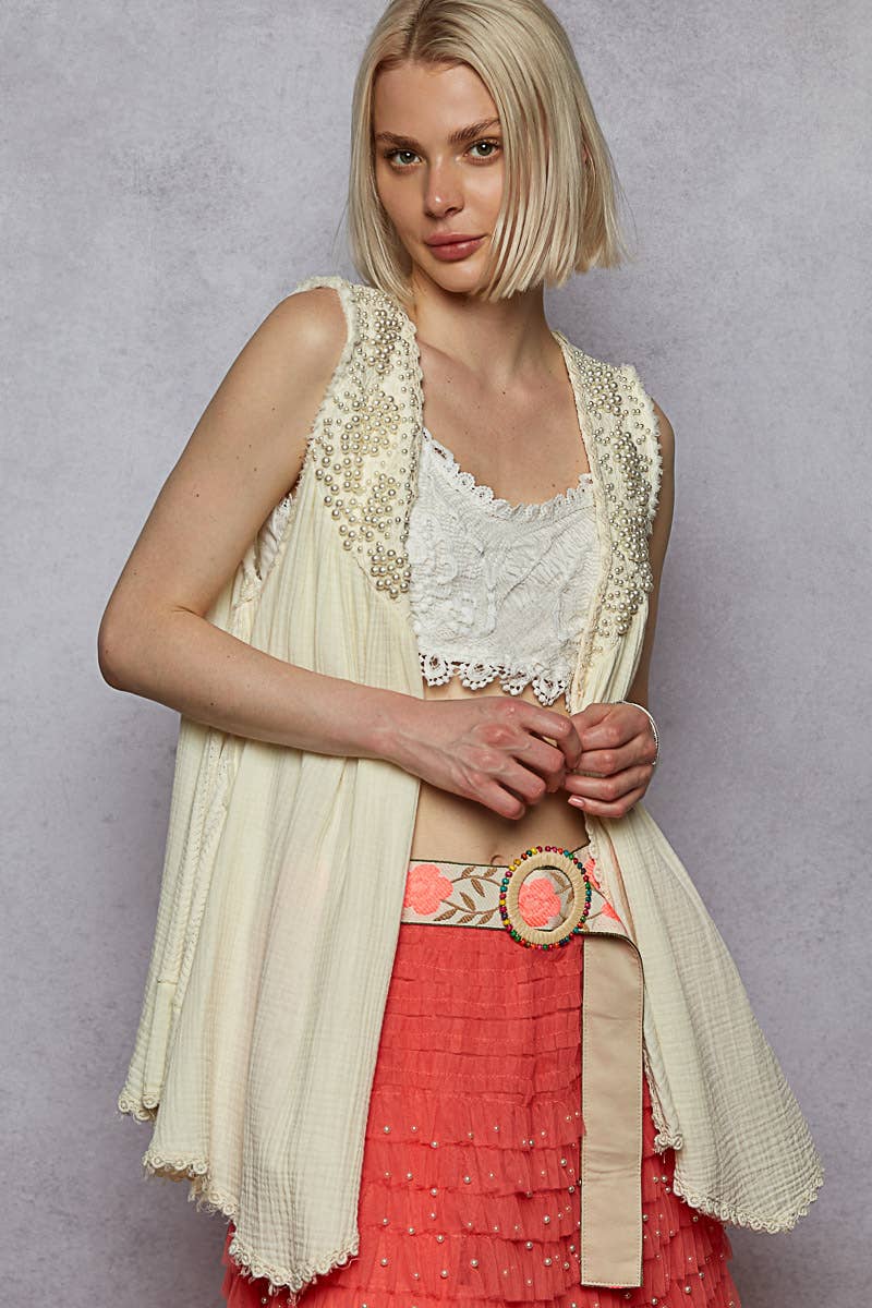 Open front embroidered pearls sleeveless cardigan top SALE