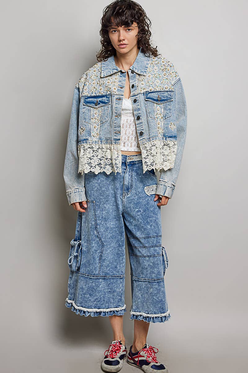 POL Cropped Contrast Panel Lace Hem Denim Jacket