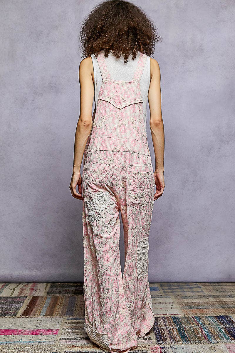 POL Floral Embroidery Accents Mesh Patches Strap Woven Overalls