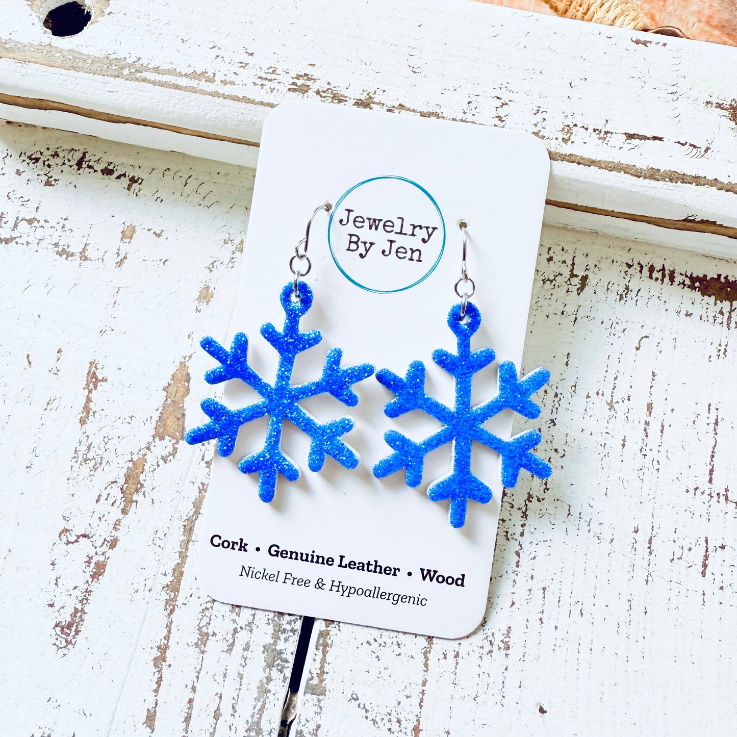Snowflake Christmas Earrings Blue Glitter