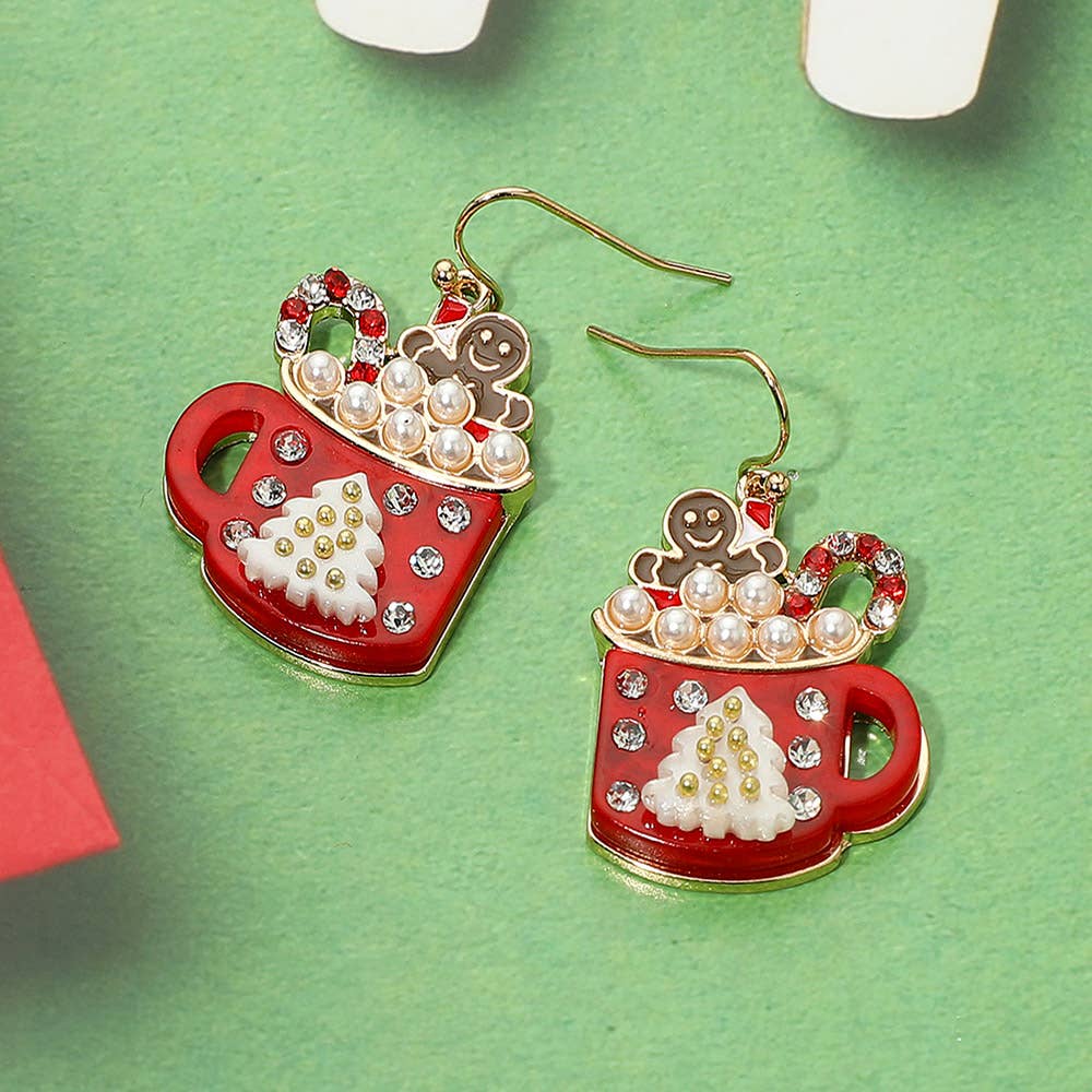 Gingerbread Man Pearl Christmas Mug Dangle Earrings