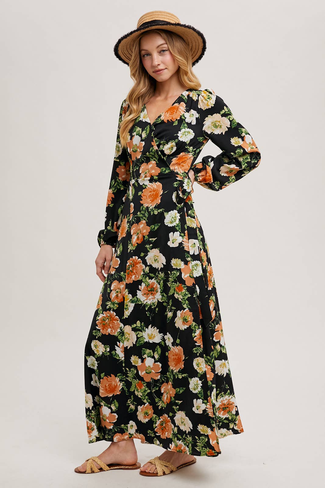 FLORAL SATIN WRAP MAXI DRESS