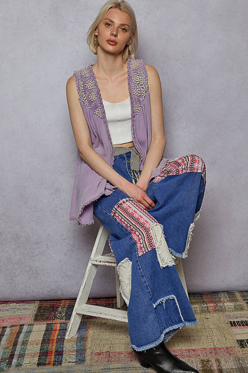 Open front embroidered pearls sleeveless cardigan top SALE