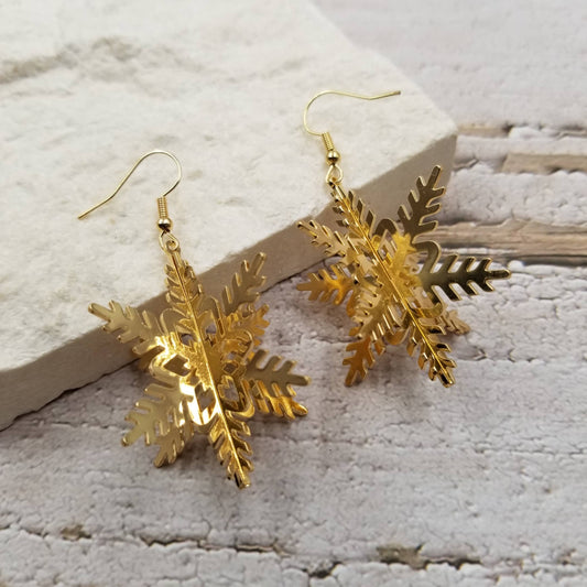 Gold 3D Winter Snowflakes Earrings