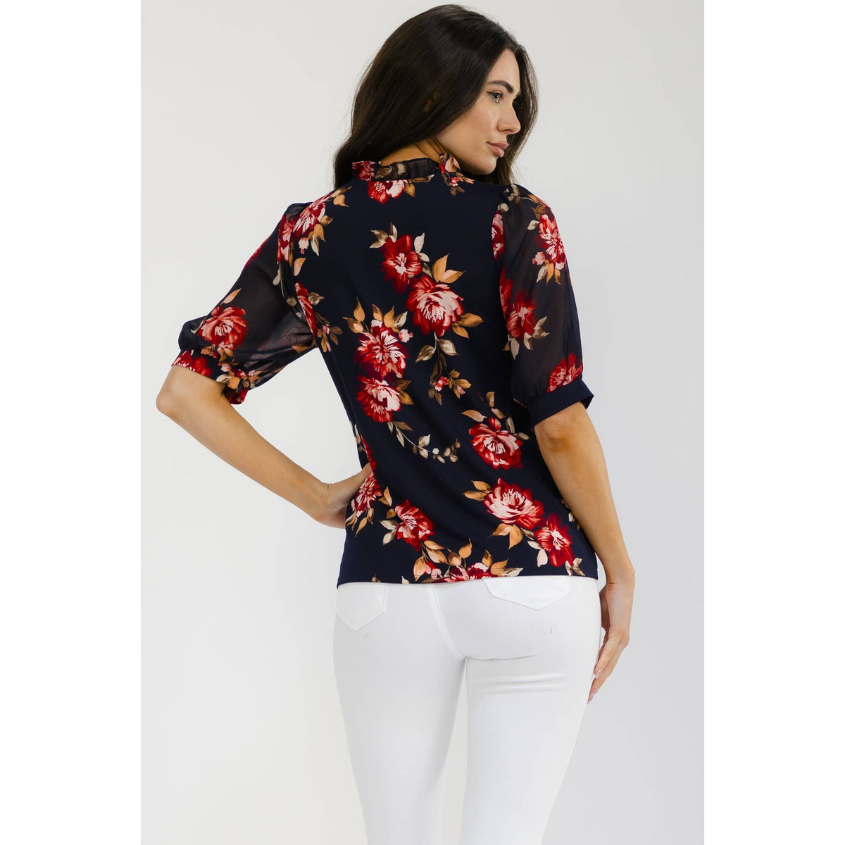 FLORAL MIX MEDIA RUFFLE SHIRT