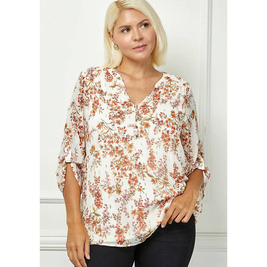 PLUS SIZE LINED BLOUSE WITH 3/4 BUTTON TAB SLEEVES