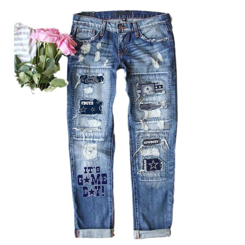 Game Day Distressed Straight Leg Ripped Denim Jeans