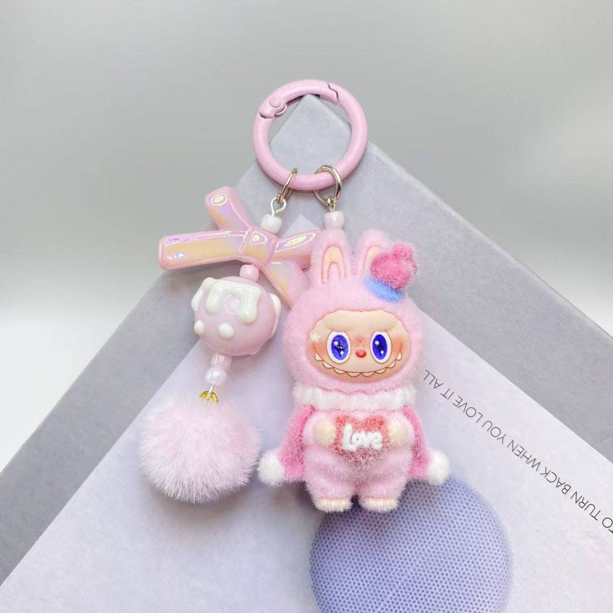 Labubu love heart flocking keychain Valentine's gift