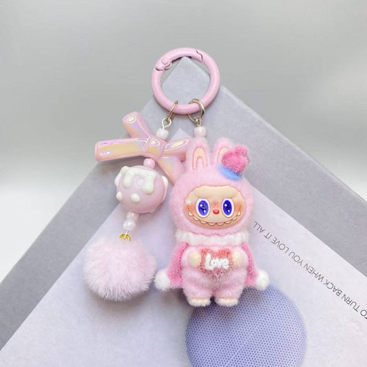 Labubu love heart flocking keychain Valentine's gift