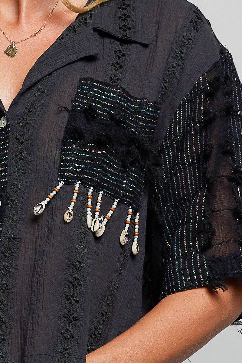 POL Boho Woven Shell Beads Top