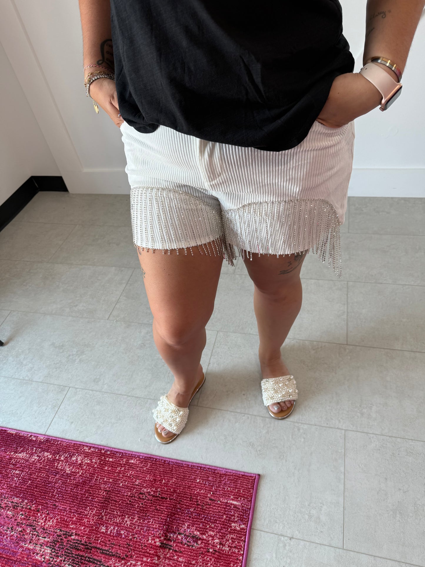 Sale Rhinestone White Corduroy Shorts