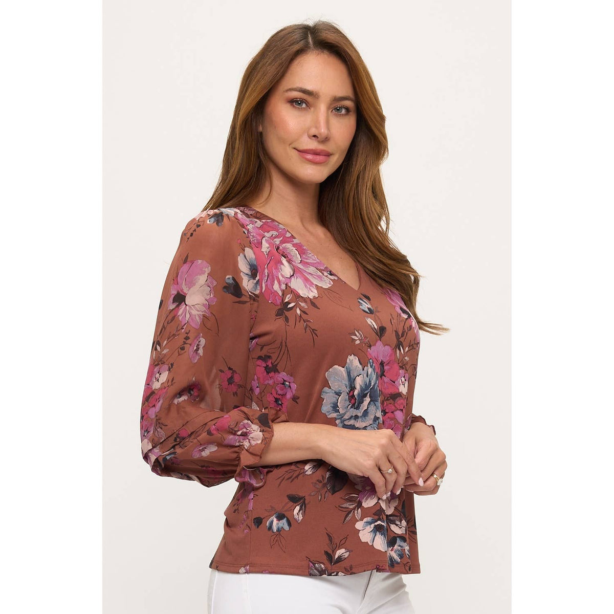 PINTUCK FLORAL V NECK BLOUSE