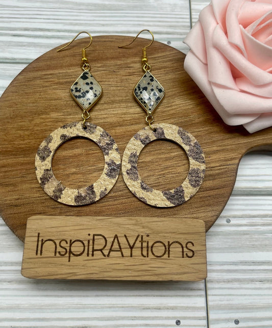 Handmade leather open hoop leopard earrings with gorgeous speckled connector  - 1