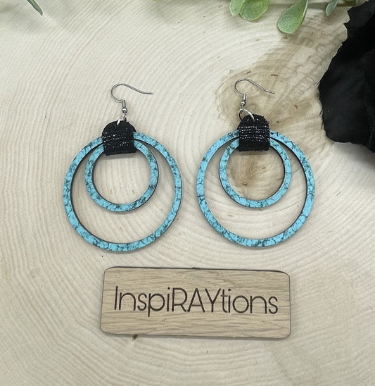 Printed turquoise marble wood hoop earrings with leather accent - 1
