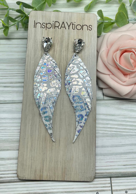 Silver rainbow metallic cheetah print leather fringe feather earrings with stone accent - 1
