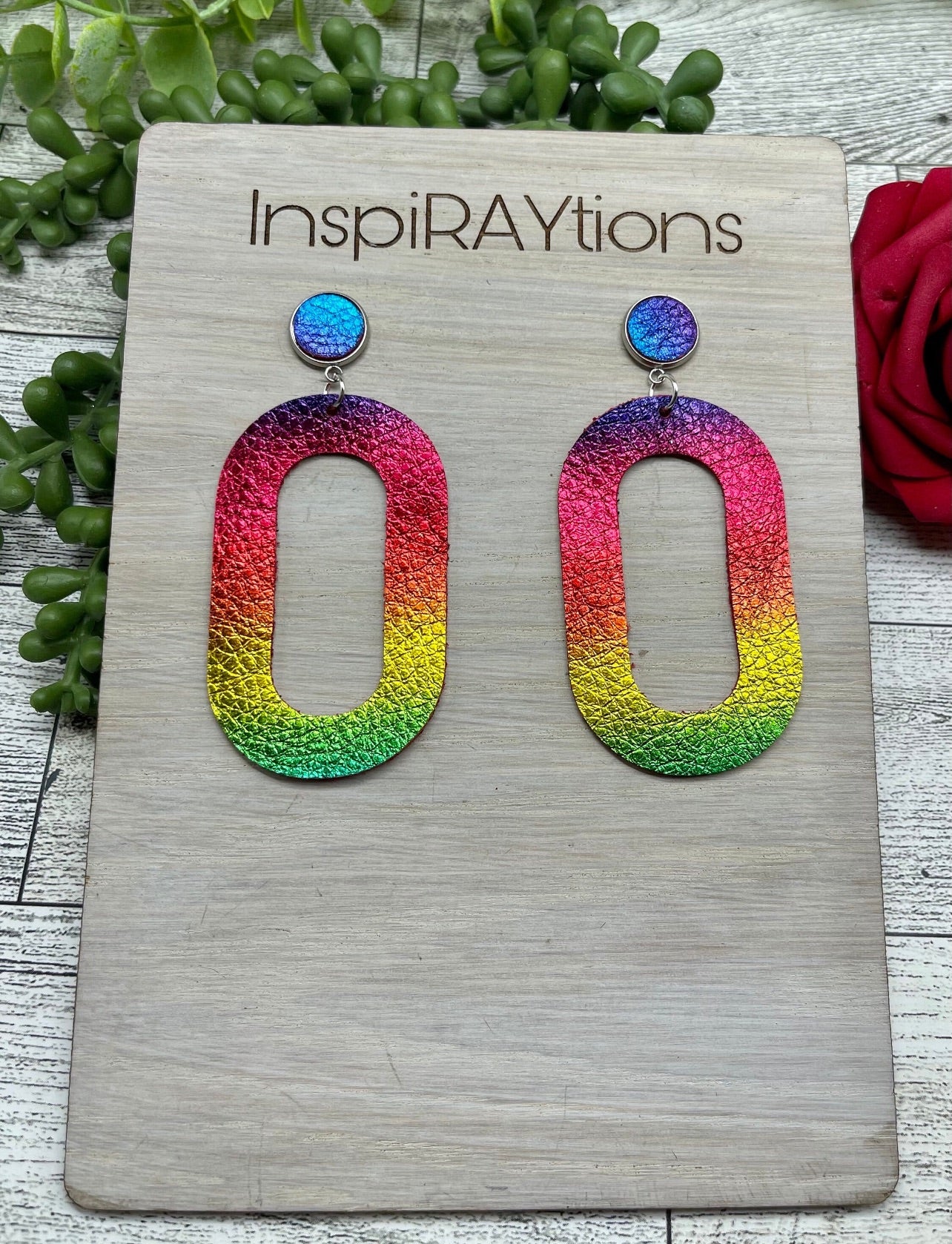 Gorgeous metallic rainbow leather wide hoop stud earrings - 1