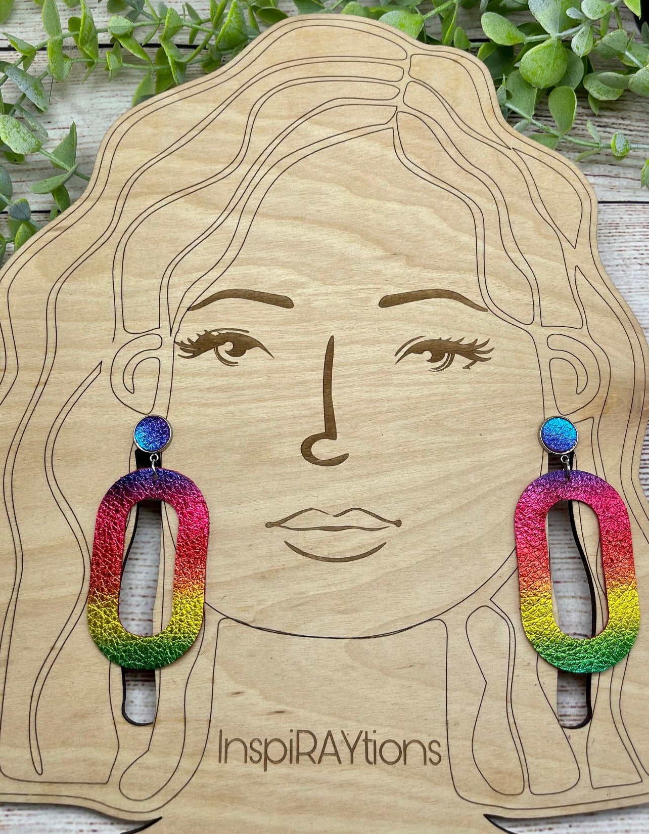 Gorgeous metallic rainbow leather wide hoop stud earrings - 2