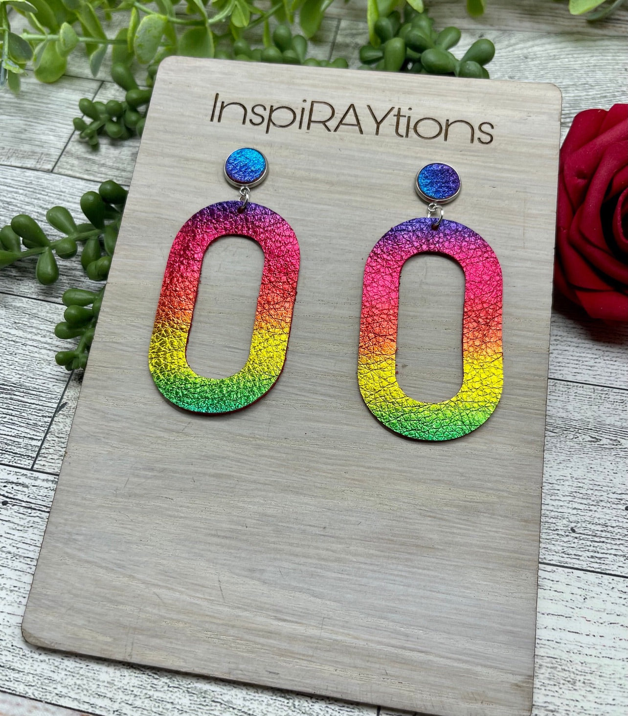 Gorgeous metallic rainbow leather wide hoop stud earrings - 3