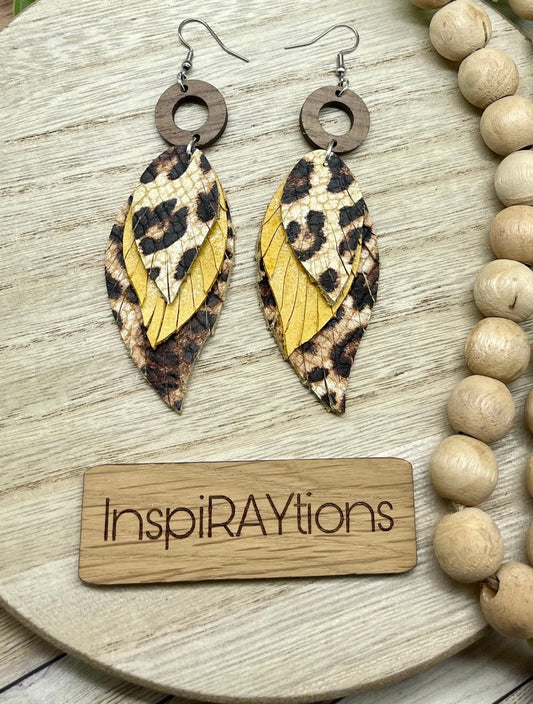 Handmade leopard mustard feather fringe leather earrings with wood accent - 1