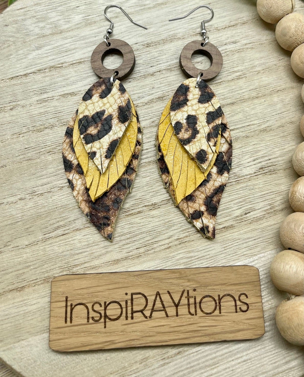 Handmade leopard mustard feather fringe leather earrings with wood accent - 2