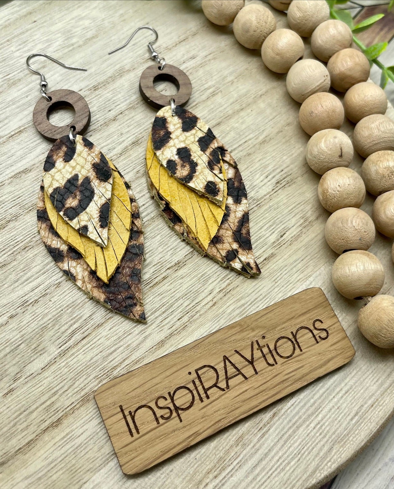 Handmade leopard mustard feather fringe leather earrings with wood accent - 3