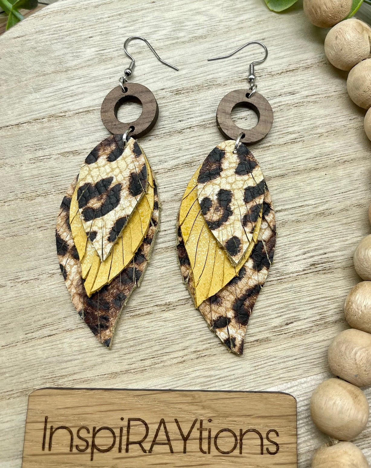 Handmade leopard mustard feather fringe leather earrings with wood accent - 4